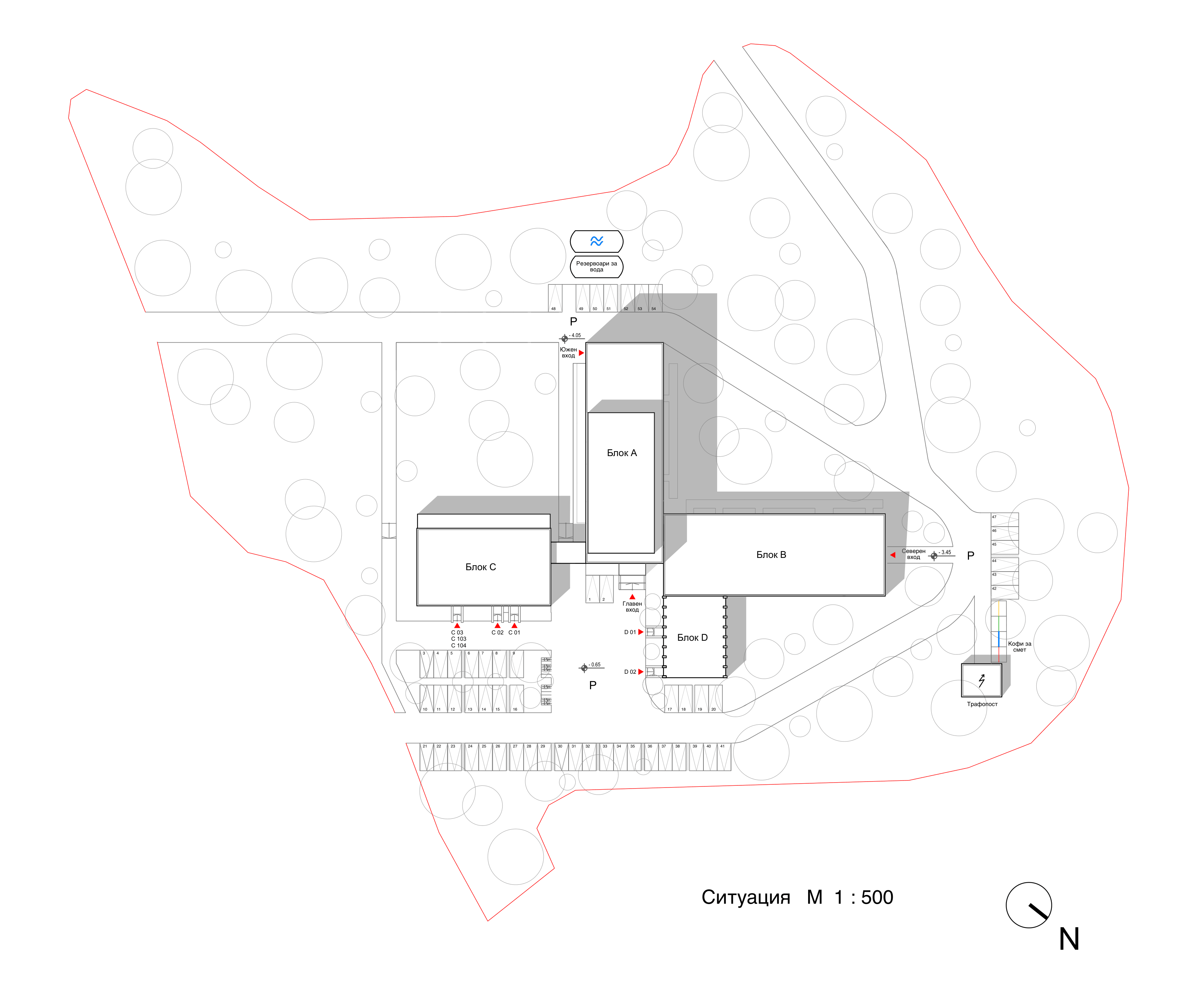 Architectural site plan showing development blocks A, B, C, D with parking and landscape